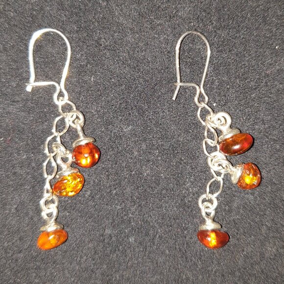 3 Strand 925 Sterling Silver and Genuine Baltic Amber Dangle Earrings - Picture 6 of 8